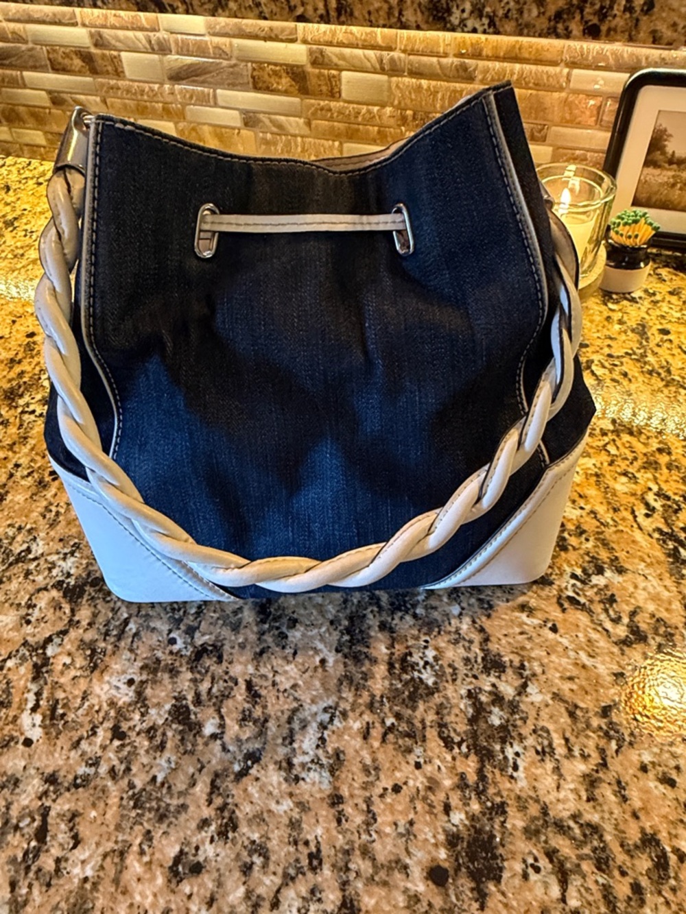 Michael Kors Navy Denim and White Drawstring Shoulder Bag - Picture 3 of 13